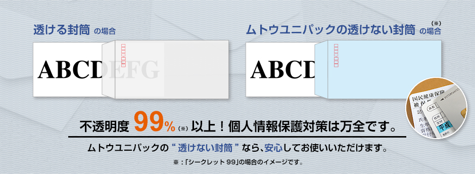 不透明度99%以上!個人情報保護対策は万全です。ムトウユニパックの透けない封筒なら、安心してお使いいただけます。